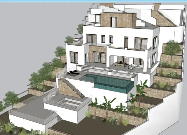 Luxury villa for sale in Benissa on a plot of 1,199 m². The property comprises 232.2 m² spread over three floors, featuring four bedrooms (two with en-suite bathrooms), three full bathrooms, a cloakroom and a modern kitchen. Key features include underfloor heating, air conditioning, double glazing and pre-installed lift. The outdoor space includes several terraces and a private swimming pool with sea views. Automatic gate entry with parking for multiple cars. Located close to local amenities and beaches.