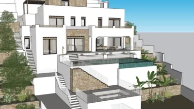 Luxury villa for sale in Benissa on a plot of 1,199 m². The property comprises 232.2 m² spread over three floors, featuring four bedrooms (two with en-suite bathrooms), three full bathrooms, a cloakroom and a modern kitchen. Key features include underfloor heating, air conditioning, double glazing and pre-installed lift. The outdoor space includes several terraces and a private swimming pool with sea views. Automatic gate entry with parking for multiple cars. Located close to local amenities and beaches. photo 5