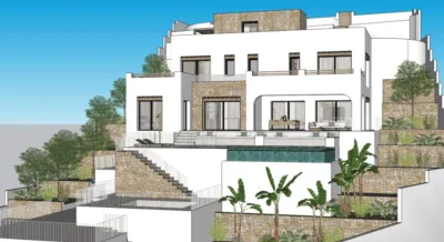 Luxury villa for sale in Benissa on a plot of 1,199 m². The property comprises 232.2 m² spread over three floors, featuring four bedrooms (two with en-suite bathrooms), three full bathrooms, a cloakroom and a modern kitchen. Key features include underfloor heating, air conditioning, double glazing and pre-installed lift. The outdoor space includes several terraces and a private swimming pool with sea views. Automatic gate entry with parking for multiple cars. Located close to local amenities and beaches. photo 3